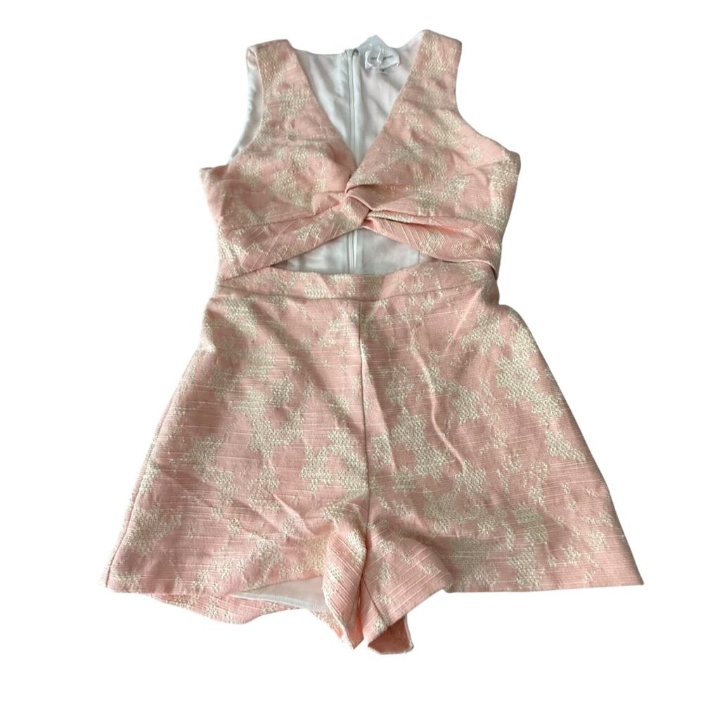 Lavender Brown Pink & Cream Textured Sleeveless Romper With Cutout Waist